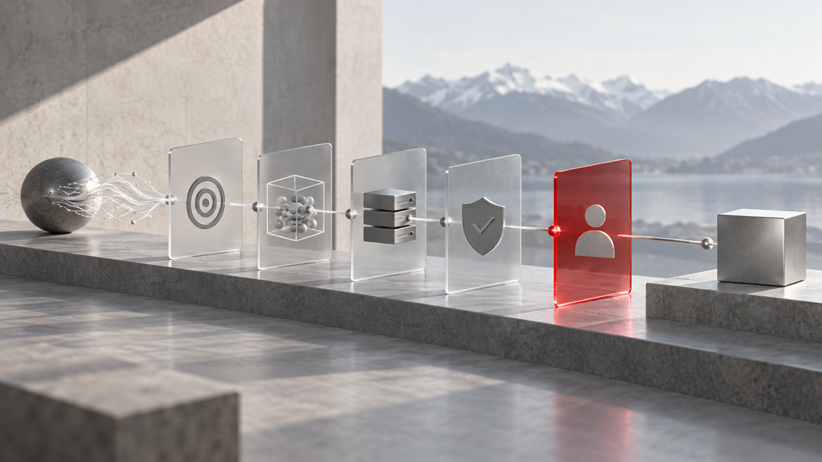 An AI workflow passing through transparent Swiss data-protection controls and a human approval gate