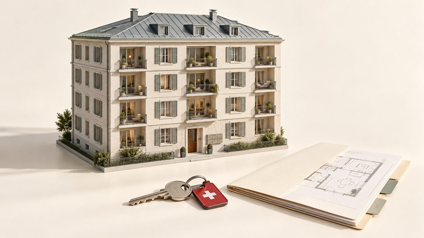 Architectural model of a Swiss apartment building beside an apartment key with a Swiss-cross tag and a rental dossier