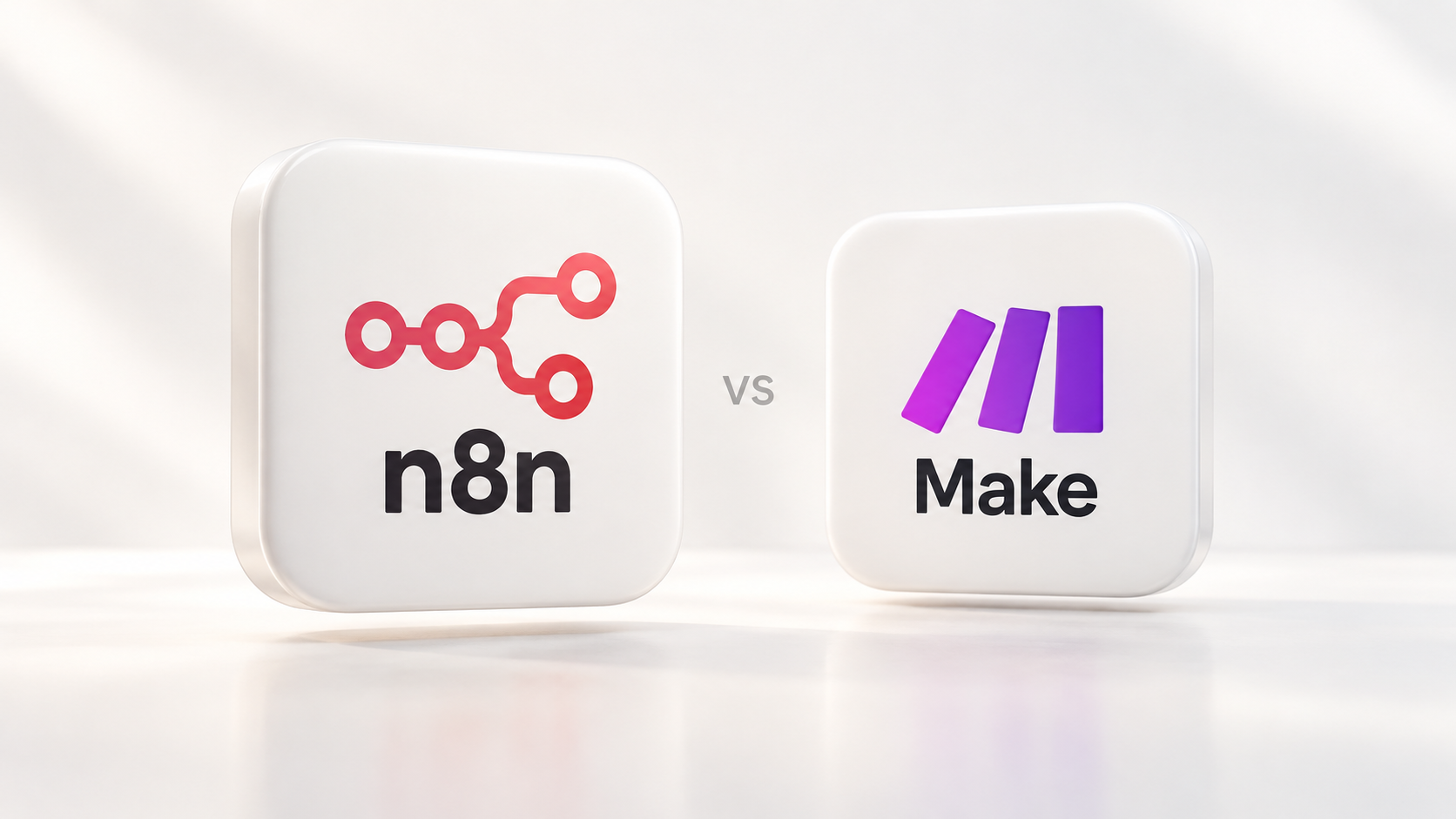 n8n and Make logos on white rounded tiles, with n8n slightly forward