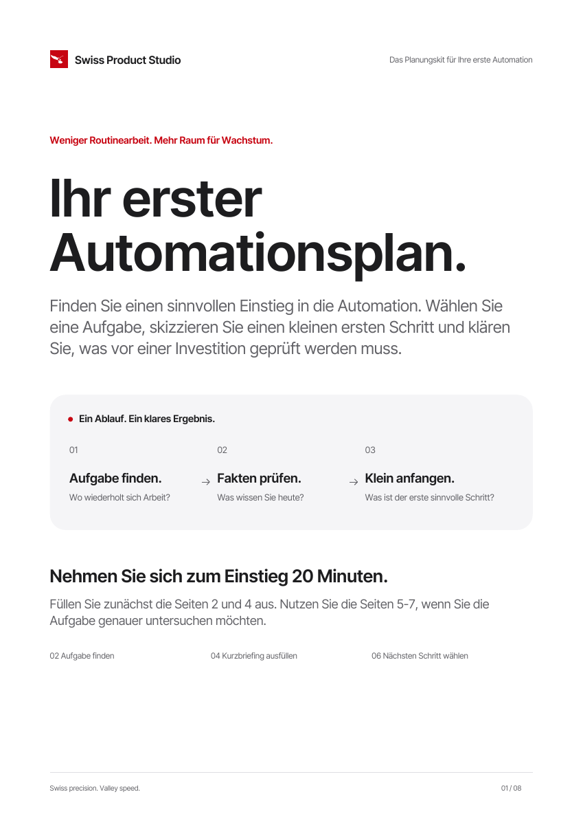 Titelseite von Ihr erster Automationsplan: Aufgabe finden, Fakten prüfen, klein anfangen.