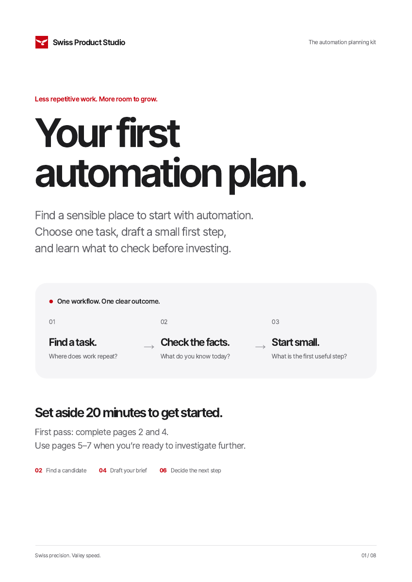 Cover of Your first automation plan: find a task, check the facts, start small.