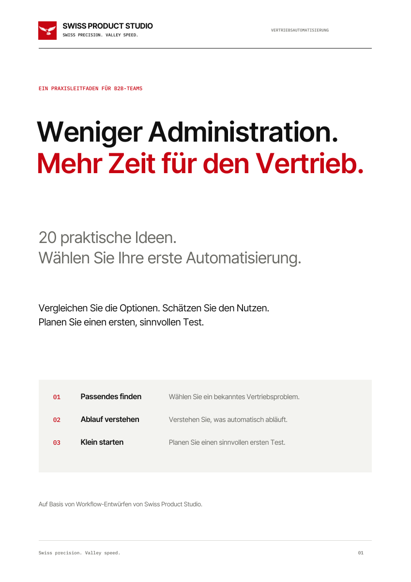 Titelseite von Weniger Administration. Mehr Zeit für den Vertrieb.: 20 praktische Ideen für die erste Vertriebsautomatisierung.