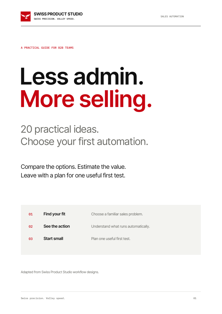 Cover of Less admin. More selling.: 20 practical ideas to choose your first sales automation.