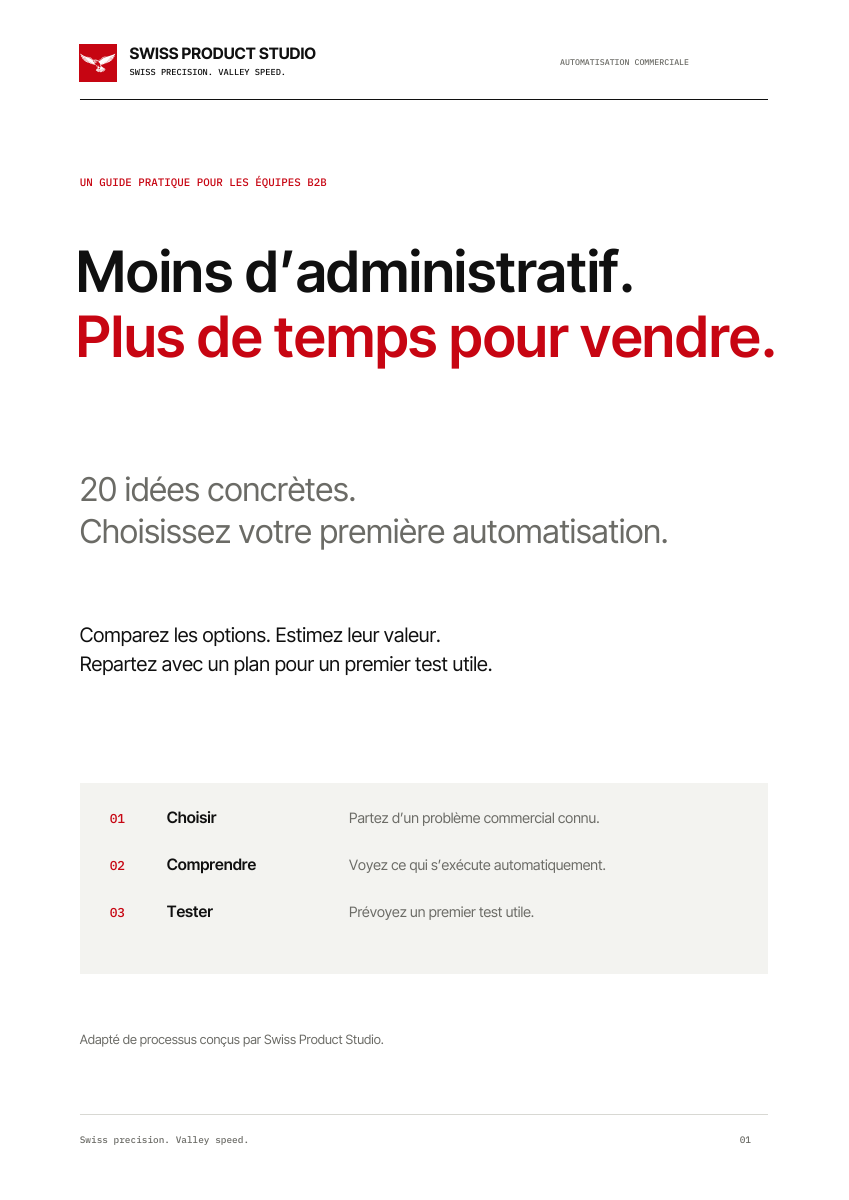 Couverture de Moins d’administratif. Plus de temps pour vendre. : 20 idées concrètes pour choisir une première automatisation commerciale.