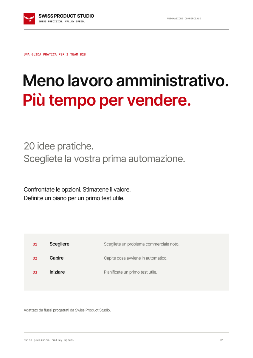 Copertina di Meno lavoro amministrativo. Più tempo per vendere.: 20 idee concrete per la prima automazione commerciale.